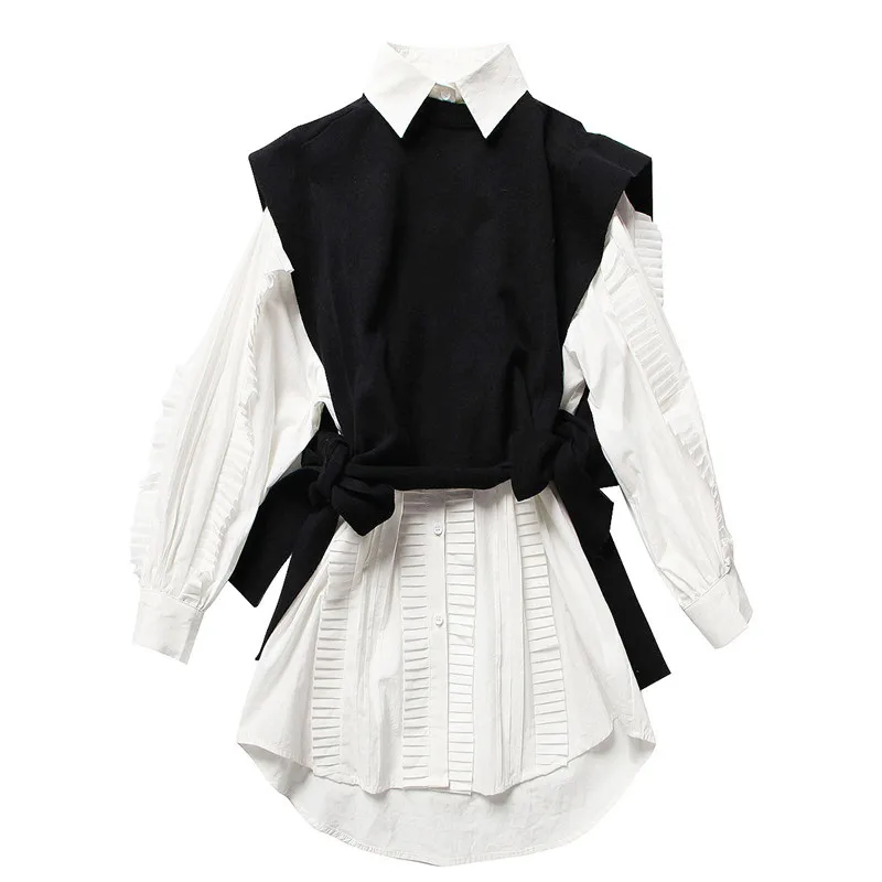 

Women Two Piece White Pleated Ruffled Long Shirt&Short Black Tank Vests High Fashion Design Blouse Outfits 2pc Luxury Shirt Sets