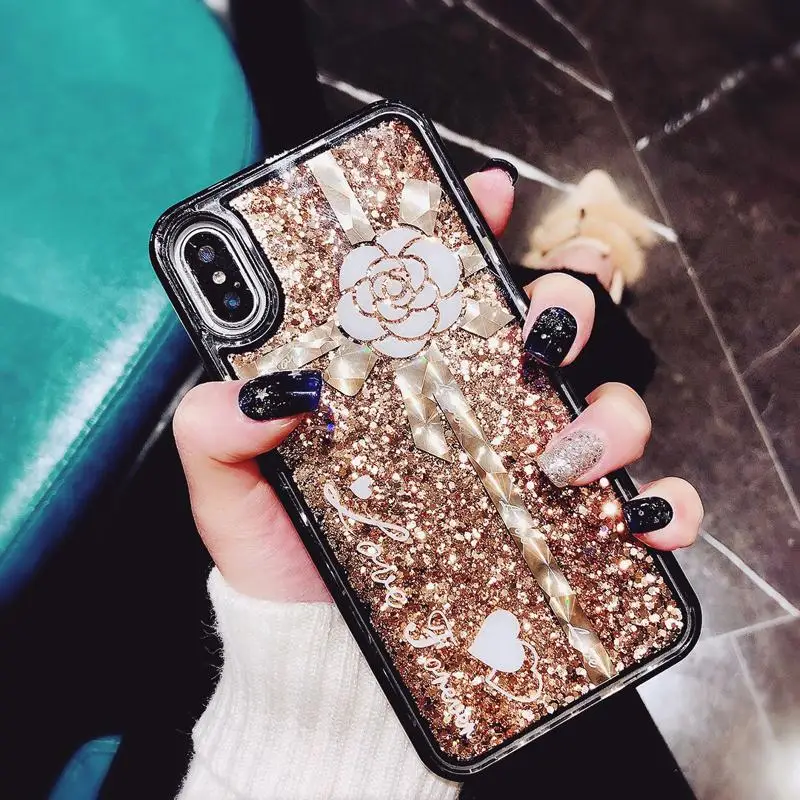 Luxury Gift Camellia Gold Sequin Bling Glitter Dynamic Liquid Quicksand Phone Case For iPhone X XS XR Xsmax 6S 7 8 Plus TPU |