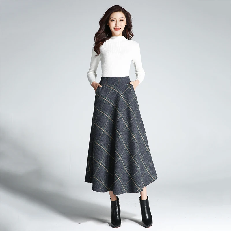 Women Skirts Autumn Winter High Waist Warm Thick Wool Blends Plaid Elegant Pleated Patchwork Chic Pocket Long Skirts Female