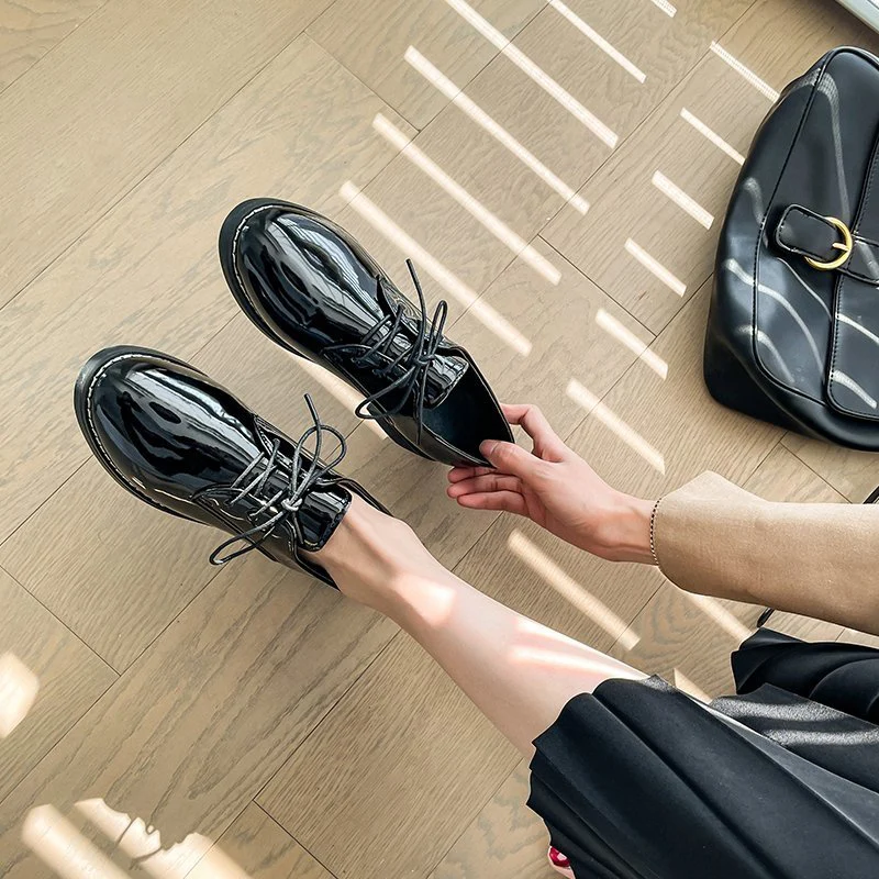 

Woman Flats PU Leather Casual Black Brown Oxford Shoes Women 2021 Spring Summer Loafers Vintage Fashion Lace Up Derby Shoes