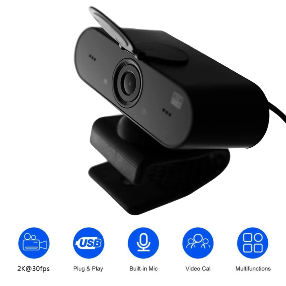 

2K Webcam with Built-in Mic Privacy Cover USB Driver Free Plug N Play Web Camera for Laptop Desktop Computer Accessory