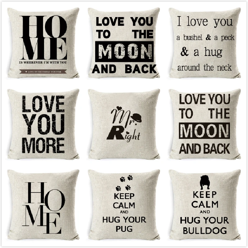 Чехол для подушки с буквами хлопковая льняная черная белая любовь домашняя