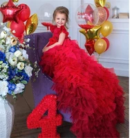 red puffy girls birthday dresses with long train o neck backless little princess party gown for special occasion photography