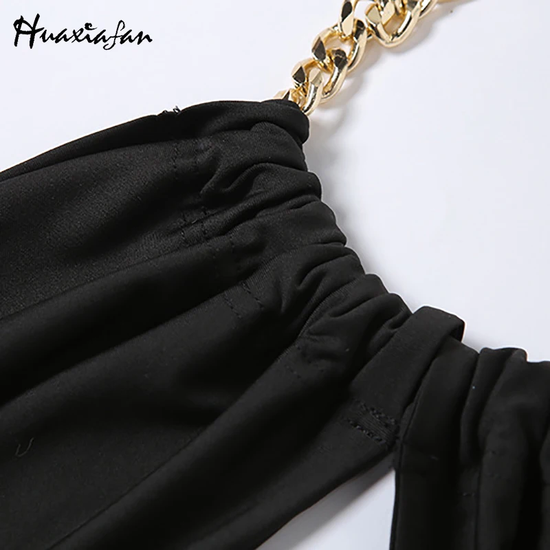 

Huaxiafan Chic Black Tank Tops Women Summer Camis Hollow Out Sexy Backless Party Club Chain Halter Fashion Crop Top Female 2021