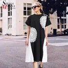 Новое Женское летнее черно-белое лоскутное прямое платье с кружевными нашивками и коротким рукавом размера плюс, Милая женская одежда, Robe Femme Style 8416