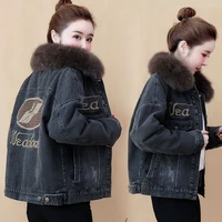 2022 new winter women lamb fur lined coat embroidery letter denim jacket casual jeans coat female thick warm denim jacket x197