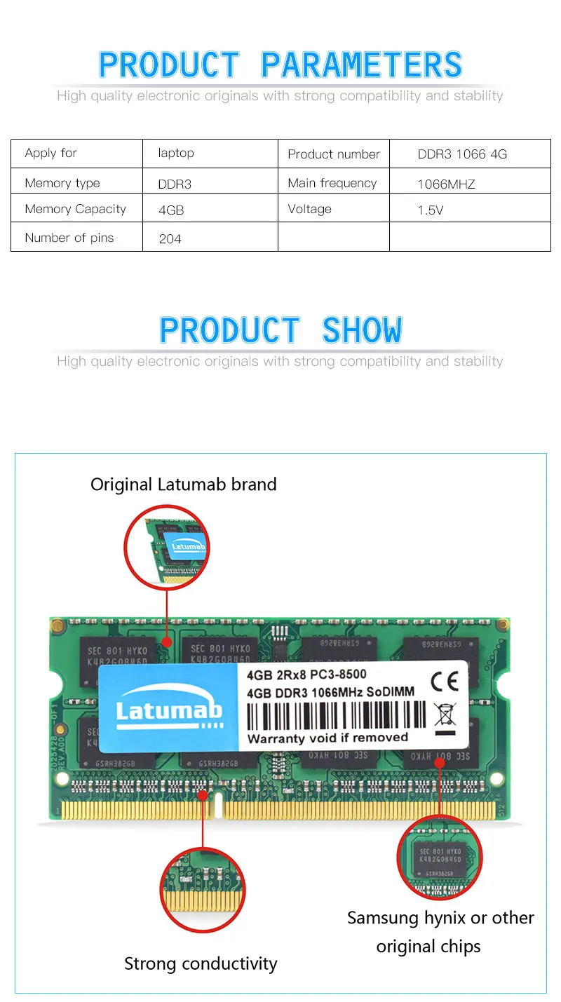 Latumab 4 ГБ DDR3 1066 МГц PC3 8500 Новая память ноутбука ОЗУ SODIMM 204 шпильки ноутбук превосходного качества модуль SODIMM 1,5 в DDR3 ram
