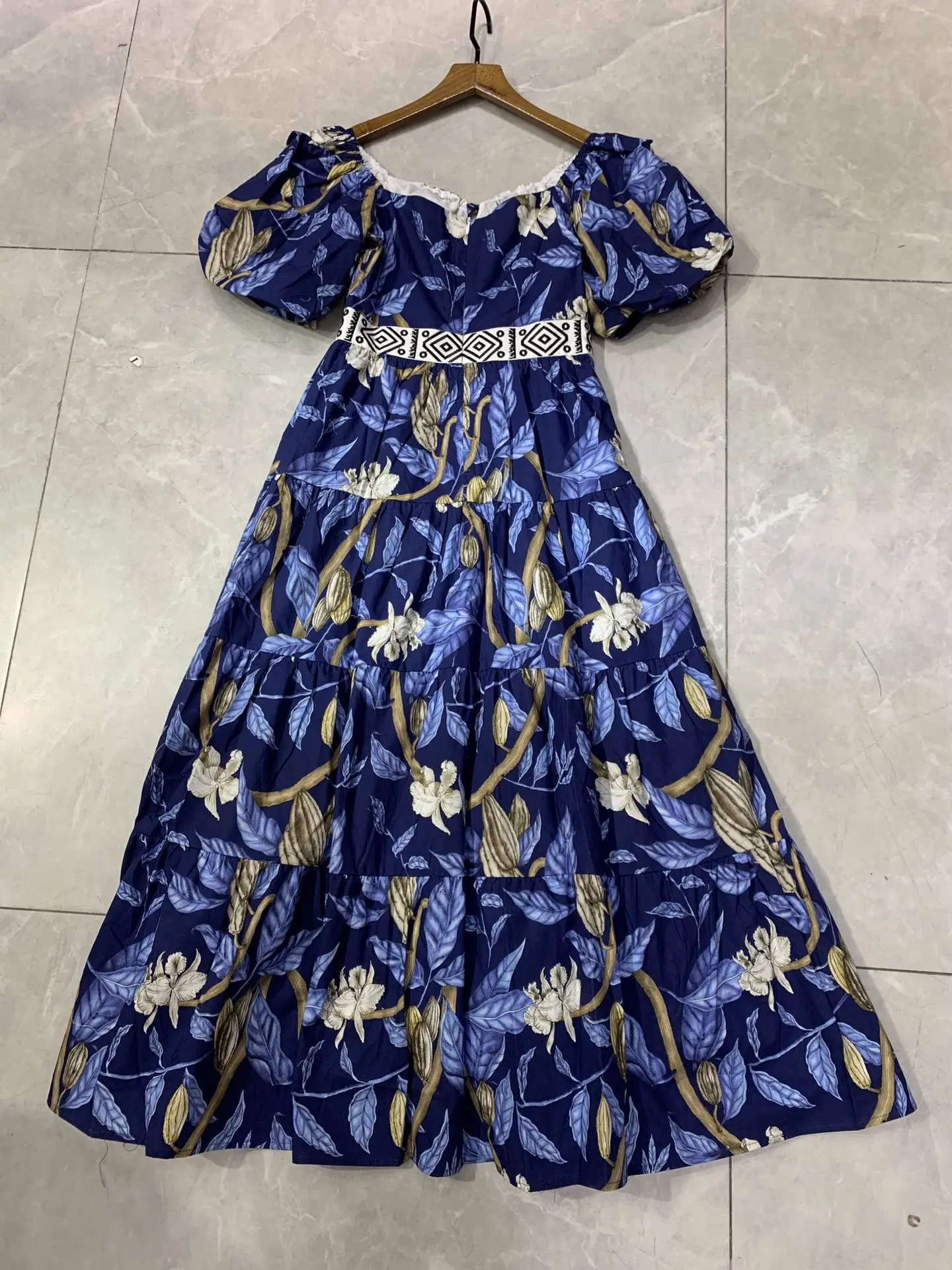 

Women New 2021 Summer Dress Short Sleeve Slash Collar Blue Print Cotton Robe Lady Mid Calf Length Vocation Vestidos