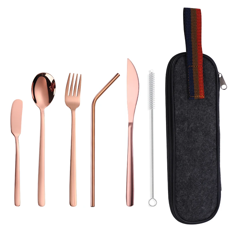 Rose Gold A Tofok 7 шт. металлический портативный набор столовых приборов столовый нож ложка Вилка палочки для еды набор щеточек многоразовая дорожная посуда набор с сумкой - Цвет: Rose Gold A