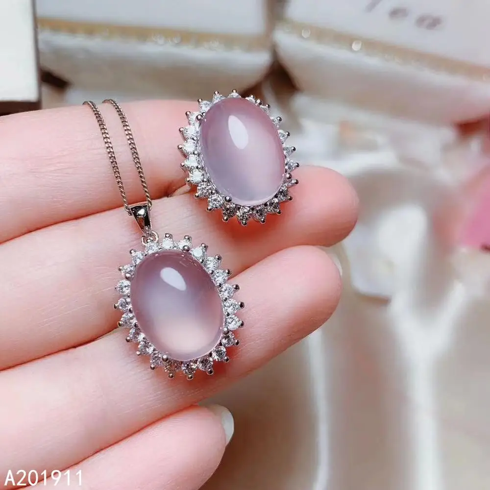 

KJJEAXCMY fine jewelry natural Rose Quartz 925 sterling silver women pendant necklace chain ring set support test beautiful