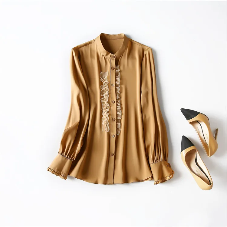 

И Американская Женская одежда в европейском стиле, новинка 2021, Весенняя модная однотонная шелковая рубашка с длинными рукавами и деревянны...