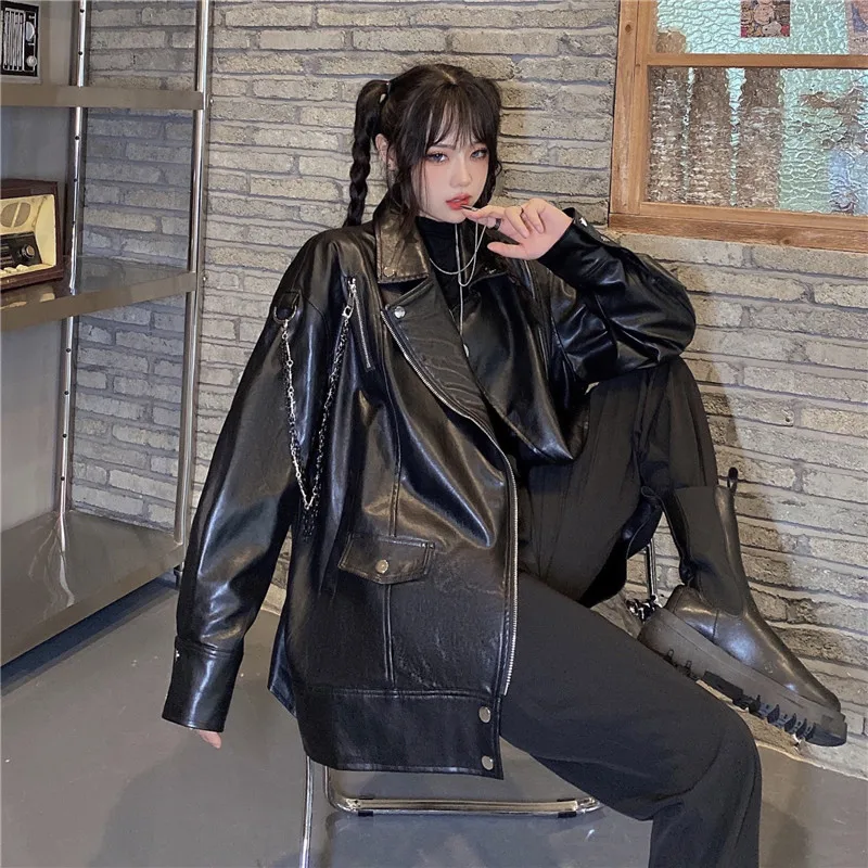 

Japanese Fashion Women Loose Leather Moto Jacket Chic Streetwear Long Sleeve Coat Outerwear Korean High Street Black Leather Top