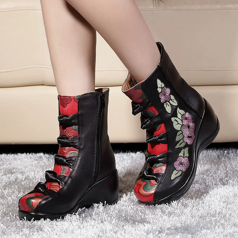 SONDR platform high heel black wedge winter boots women embroider genuine leather botas mujer invierno 2019 short plush botines | Обувь