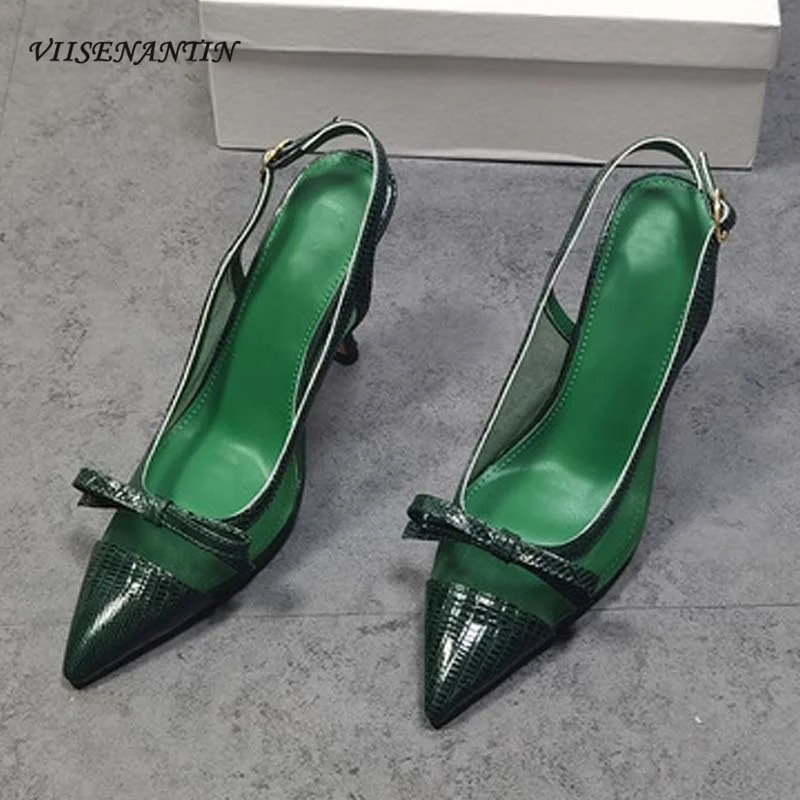 

Fashion Bow Sandals Pointed Toe Mesh Sheepskin One-word Buckle Belt Super High Heel Large Size Stiletto Heel Women's Shoes