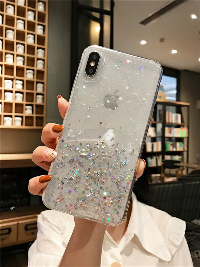NJIEER Блестящий блестящий чехол для iphone X 11 Pro XS MAX XR Блестящий Прозрачный чехол для iphone 8 7 6 6S Plus Мягкий чехол из ТПУ - Цвет: Белый