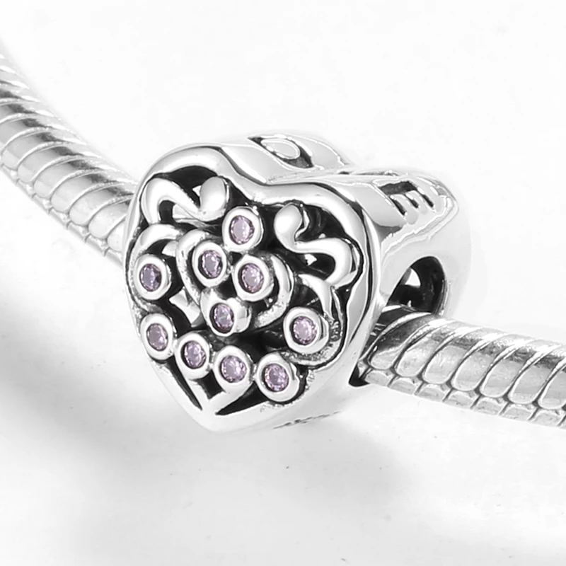 Серебряные бусины 925 пробы на День святого Валентина розовый CZ бисер в форме