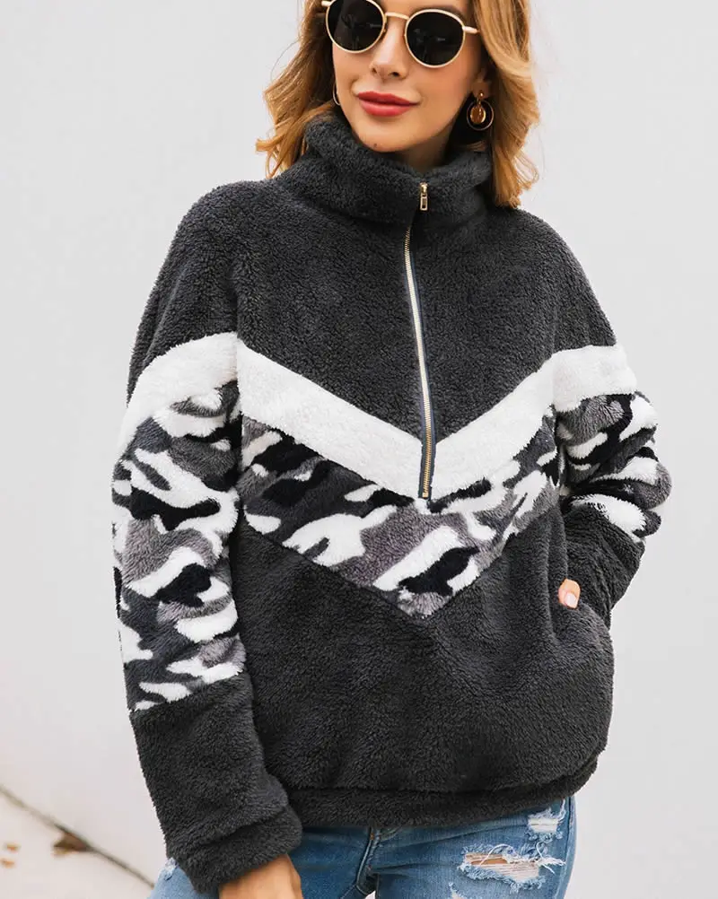 

Women Zipper Hoodie Jumper Casual Camouflage Color Block Sweatshirt Pullover Tops Sweatshirt Long Sleeve Female Pullover Hoodies