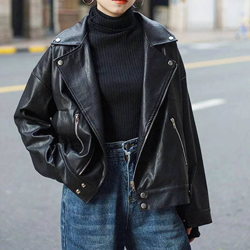 

Korean High Street Short Leather Moto Jacket Black Loose Women Outerwear Warm PU Coat 2020 Winter Streetwear Female Fashion Tops