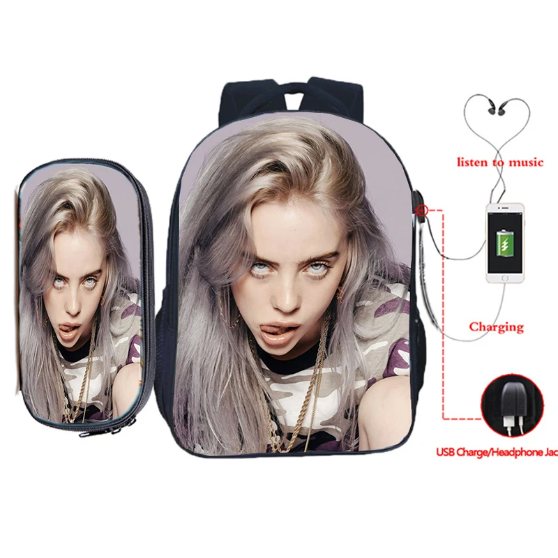 Billie Eilish рюкзак для зарядки через usb 2 шт./компл. школьная сумка для подростков мальчиков и девочек рюкзак для ноутбука пенал Дорожная сумка на плечо