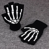 2021 printing fluorescent skeleton skull knitted half finger glove cool autumn winter black ridding knitting gloves for children