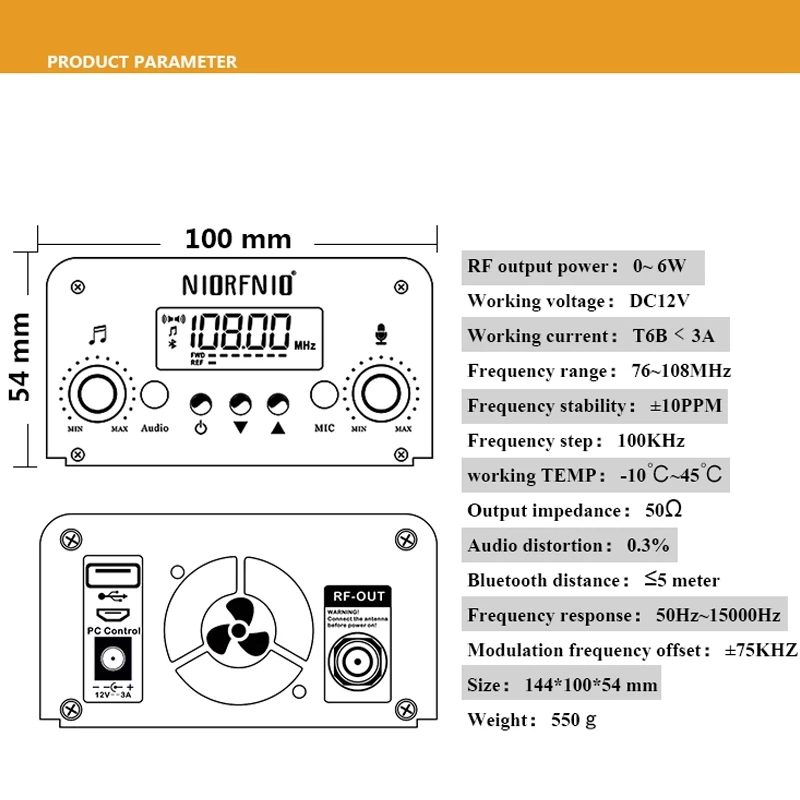 

NIORFNIO 6W FM Transmitter Stereo Broadcast Station Bluetooth Wireless Broadcast Car Theater Campus Broadcast US Plug