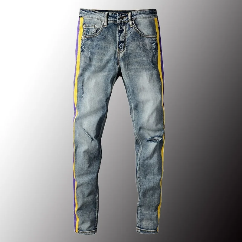 

Джинсы мужские стрейчевые, рваные зауженные брюки из денима, в цветную полоску, большие размеры 40, уличная одежда