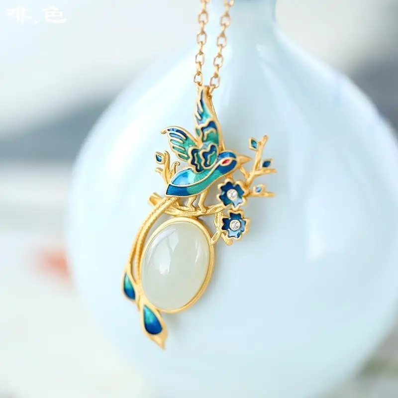 

Gilt inlaid zircon natural Hetian jade oval magpie necklace pendant enamel porcelain Chinese style exquisite ladies jewelry