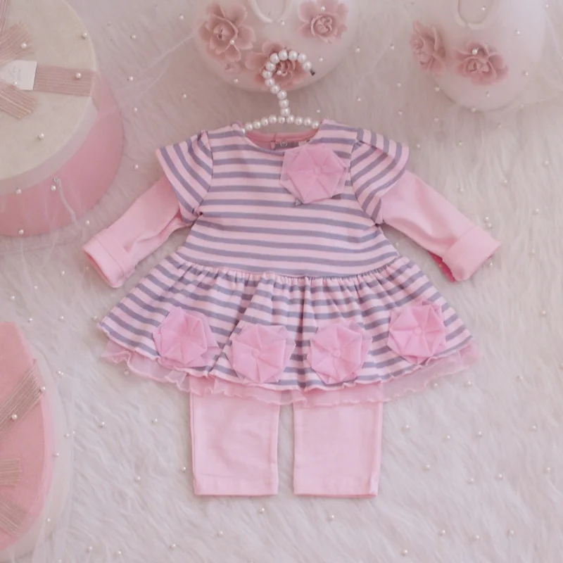 

Одежда для маленьких девочек; Осенний полосатый топ с цветочной аппликацией для новорожденных + леггинсы; 2 шт./компл.; Хлопковый костюм для маленьких девочек