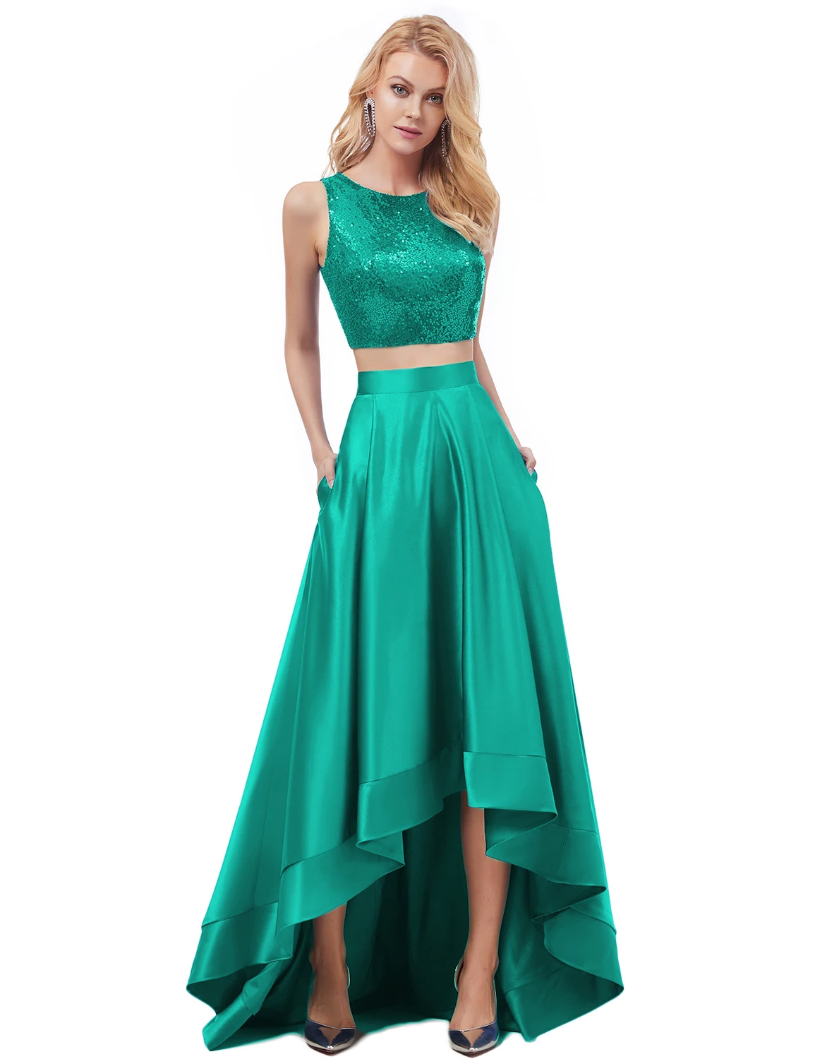Vivian's Bridal Весенняя мода Sequin Crop Top вечернее платье, пикантное асимметричное платье с открытой спиной и высокой низкой атласной юбкой, платье для выпускного вечера