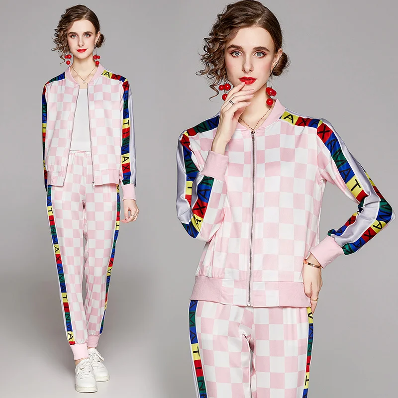 

European and American Fashion England Style Print Hooded Jackets Cardigan Causal Windbreaker Women Basic Jackets Coats Pants Set