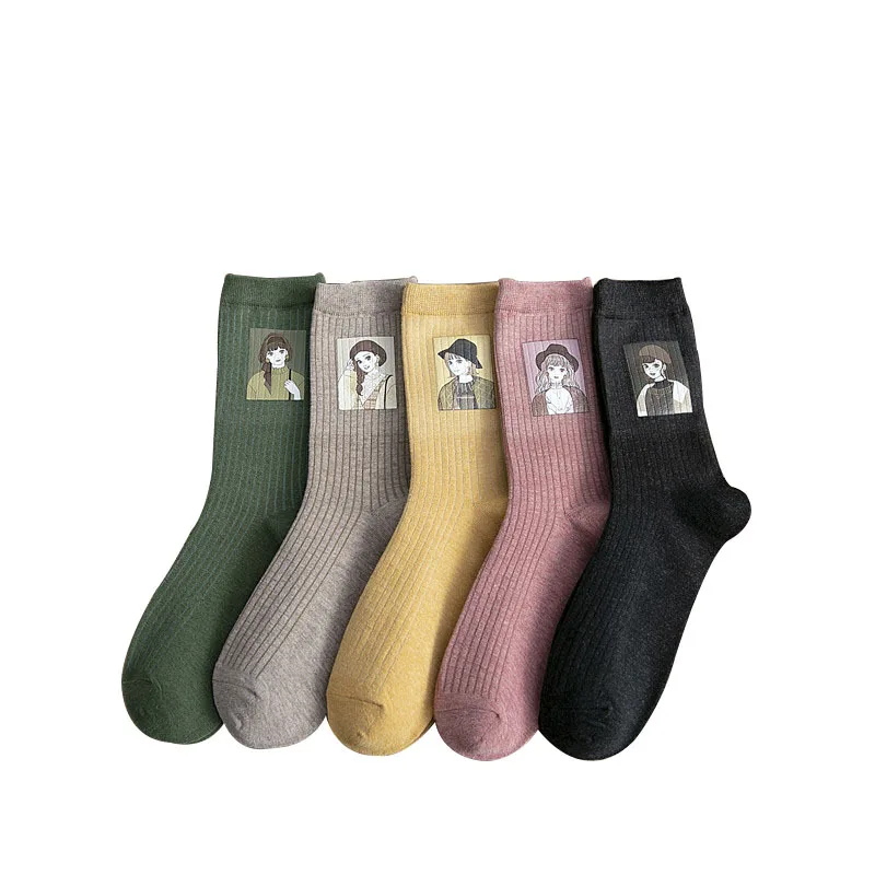5pcs/lot Woman Happy Funny Socks Print Art Cute Spring Cartoon Socks Bear Cotton Kawaii Women Fashion Harajuku Colorful Socks