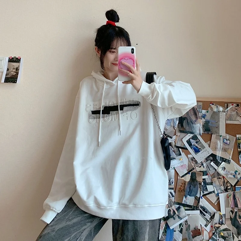 

White Top Spring and Autumn All Match Long Sleeve Hoodies Concave Convex Letter Sweatshirt Women Loose Clothing