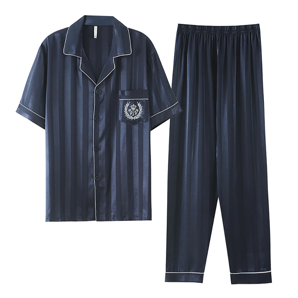 Summer Satin Silk Pajama Sets High Quality Skin-friendly Men Pajama Fashion Striped Pajamas With Embroidery Pocket Pyjama Sets