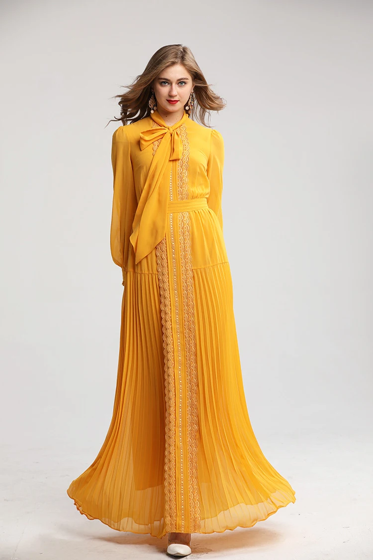 Женские подиумные платья с бантом и воротником длинные рукава кружевные