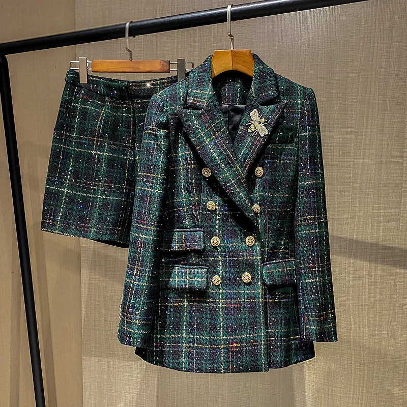 

Women Elegant Tweed Suit Blazer Jacket Coat Top And Short Pant Two Piece Set thick Outfit Winter Work Jacquard Office Clothing