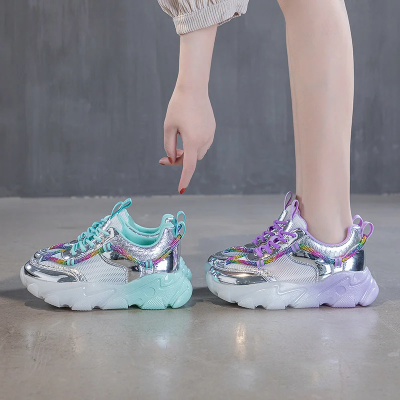 

Women's Chunky Sneakers Casual Woman Shoes Gradient Dad Soles Mesh Breathable Ladies Rainbow Lace Up Platform Jogging Footwear