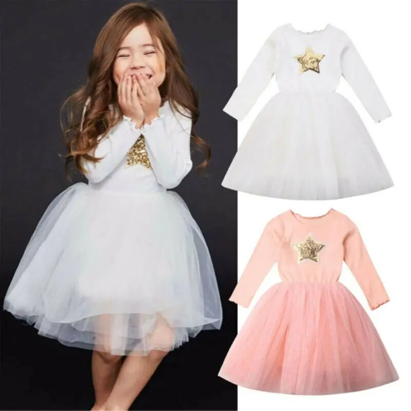 

Toddler Baby Girls Long Sleeve Dress Size 1-7Years Birhtday Party Lace Tutu Gown