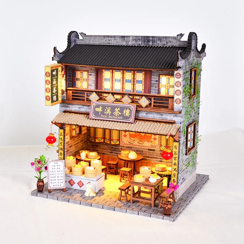 

DIY Wooden Dollhouse Miniature Furniture With LED Light Kit Tea House Dollhouses Assemble Toy for Children Birthday Gift Casa