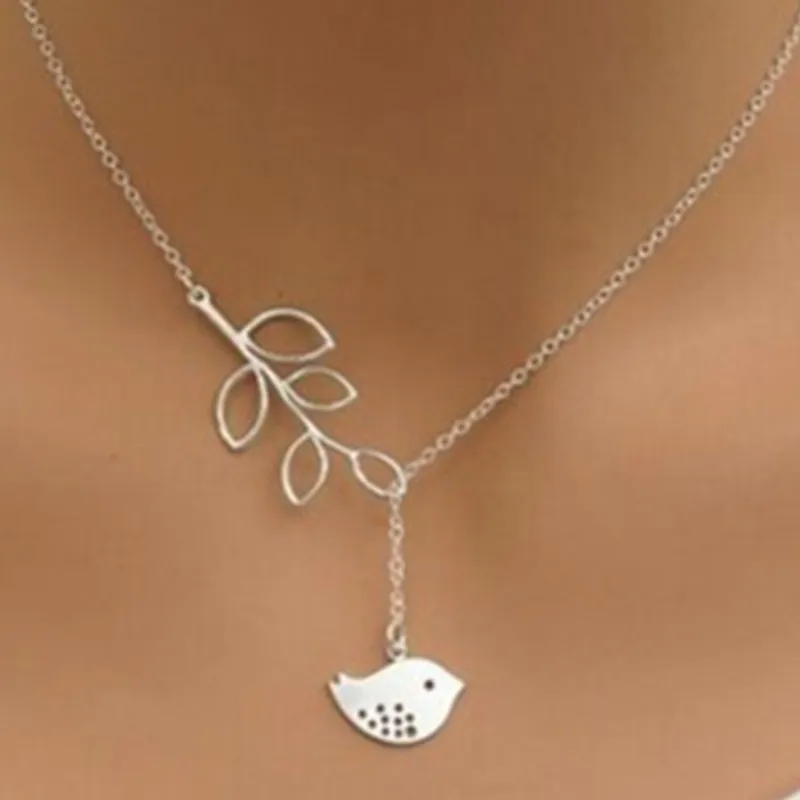 hot fashion casual personality brand leaf bird lariat necklaces pendants bar simple leaf bird choker necklaces for women free global shipping