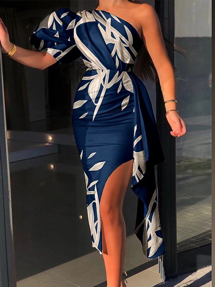 

2021 Fashion New Sexy One Shoulder Puff Sleeve Ruched Slit Midi Evening Party Women Elegant Dress