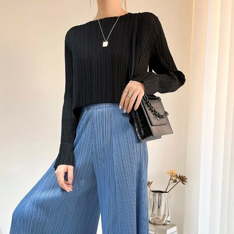 

Issey Miyake designer ladies pleated clothes all-match new black high waist slim long sleeve loose T-shirt top