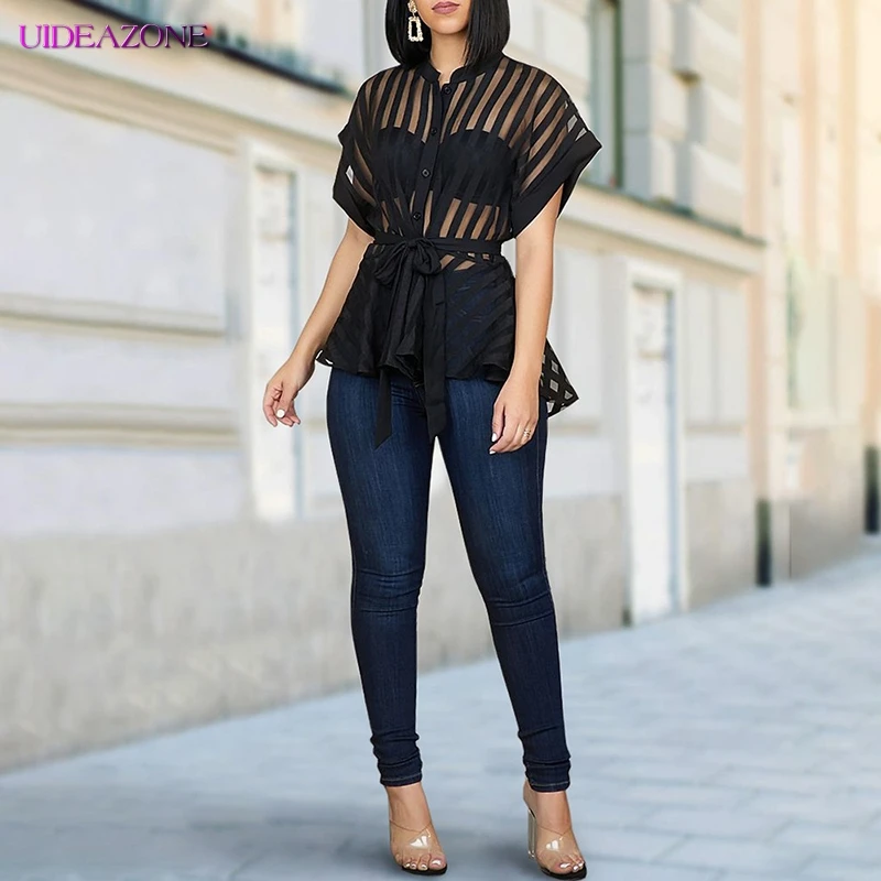 Сетчатая женская блузка пэчворк с поясом пуговицами весенне летняя одежда