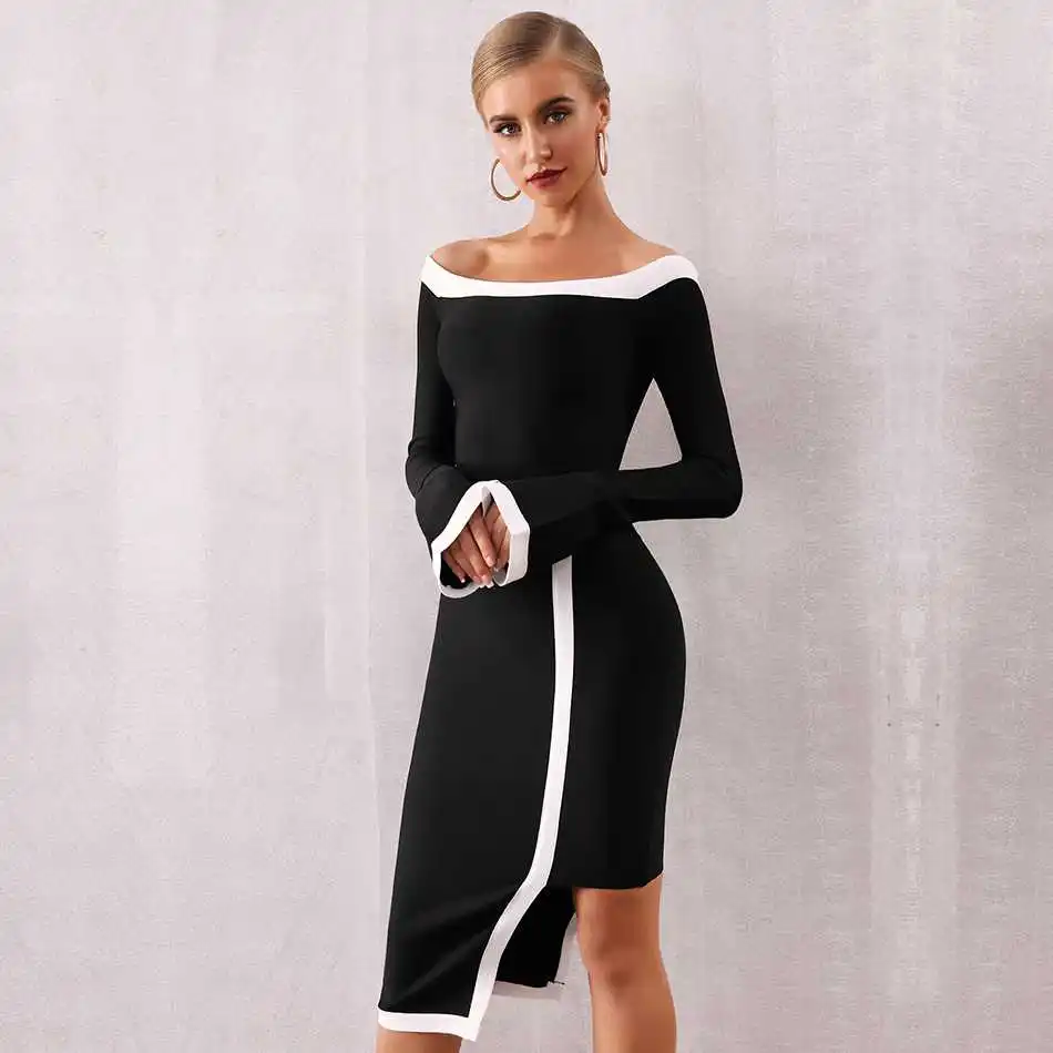 Женское облегающее платье Seamyla черное лоскутное с длинным рукавом и открытыми