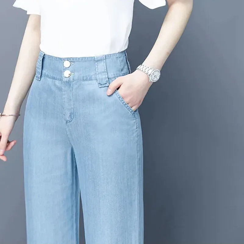 

Streetwear Blue Slim Jeans For Women 2022 Spring New High Waist Hip Hugger Wide Leg Pants Straight Casual Denim Trousers Female