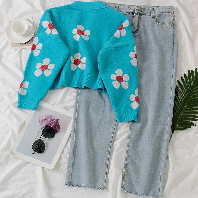 

Women Sweet Sweater Fashion Winter Autumn Long Sleeve Loose Cardigan Short Floral Knit Laides Tops Kawaii