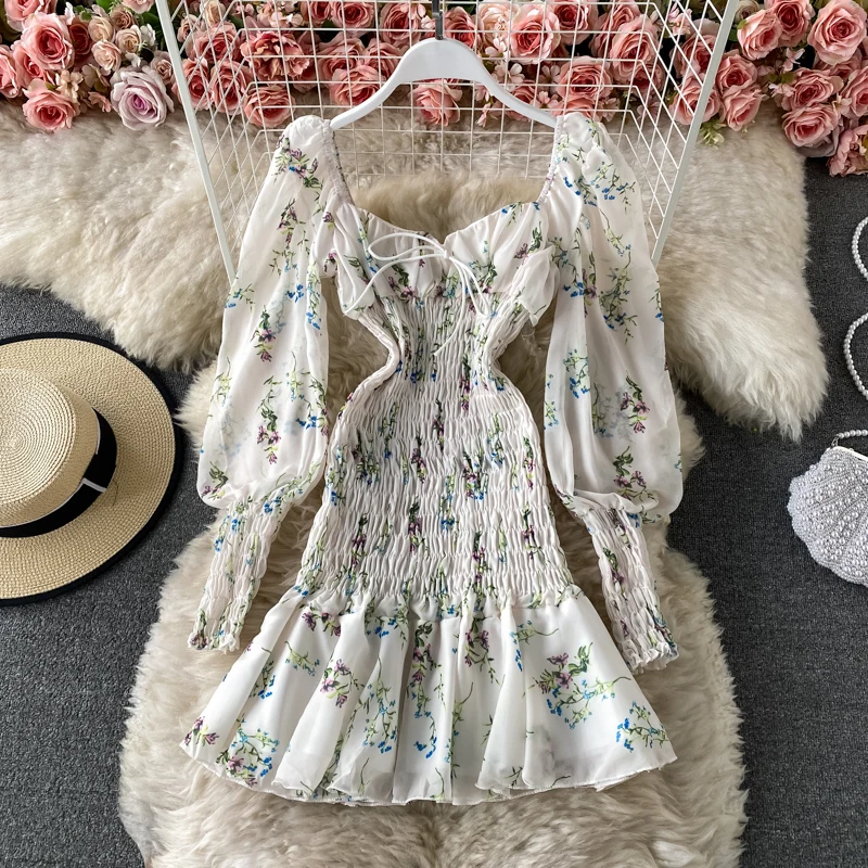 

Spring Floral Dress Women Elegant Kawaii Print Chiffon Party Mini Dress Female Sexy French Casual Bandage Korean Dress 2021 New