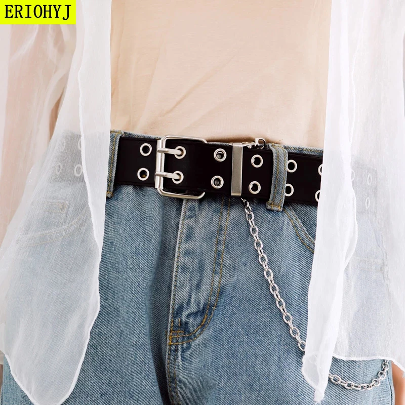 

Women Fashion Double Hole Pin Buckle Waist Belt for Jeans Metal Waist Punk Chain Luxury Belts PU Leather New Style Decorative