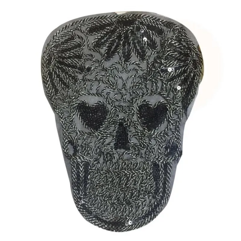 

Sequins Patch Skull Embroidery Patches For Clothing Black Sequined Large Biker Badge Strange things Stickers Diy Clothes Gift