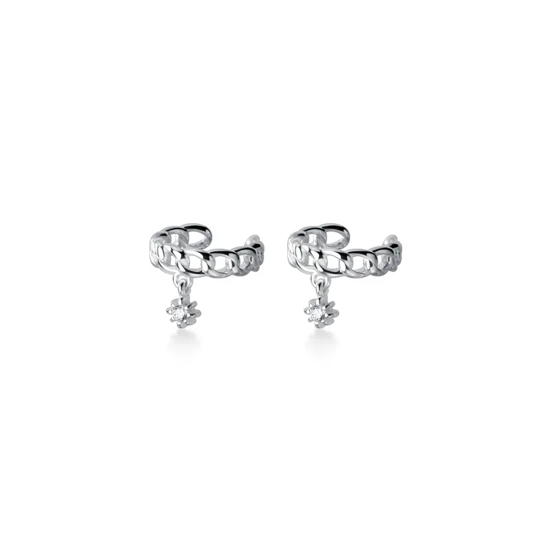 100% Real 925 Sterling Silver Ear Cuff Earrings Chain Hollow Pattern Zircon Non-Pierced Cartilage Earrings for Women