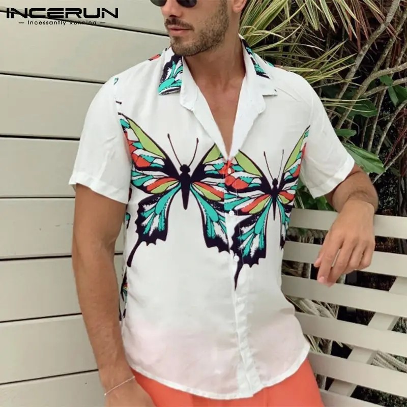 

2021 Men Printed Shirt Turn Down Collar Streetwear Short Sleeve Casual Hawaiian Shirts Button Camisa Masculina INCERUN S-3XL